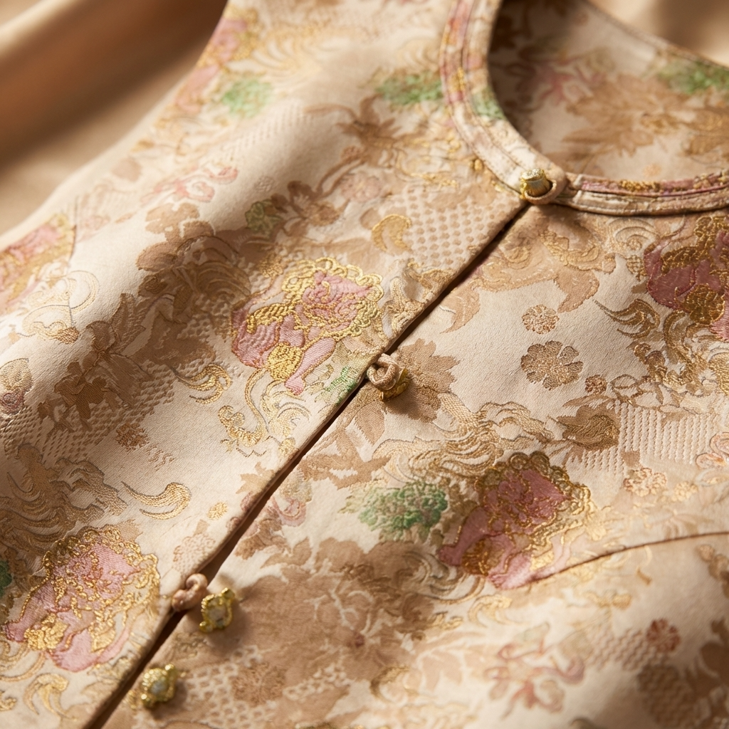 The close up of the fabric and the button for the jacquard vest