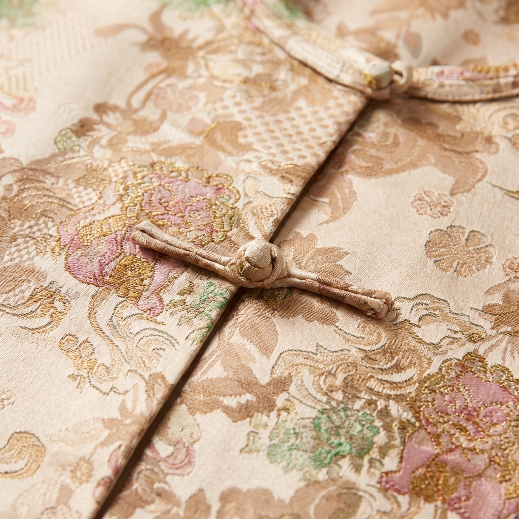 Close-up of the  floral embroidered fabric with tehe frog buttons
