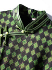 Green and black checkered qipao with frog button