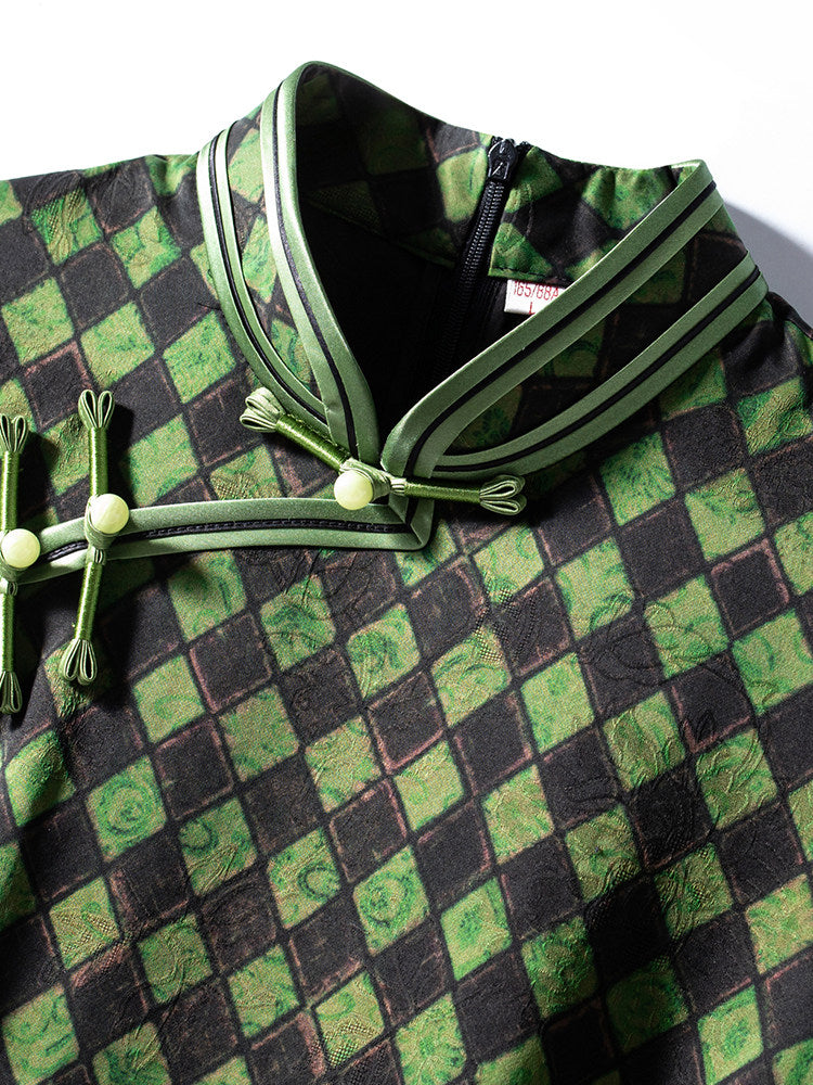 Green and black checkered qipao with frog button