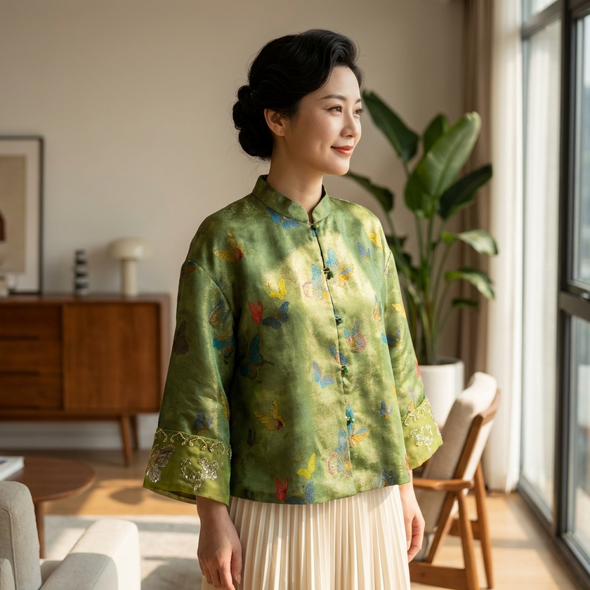 Woman wearing a green betterfly jacquard blouse 