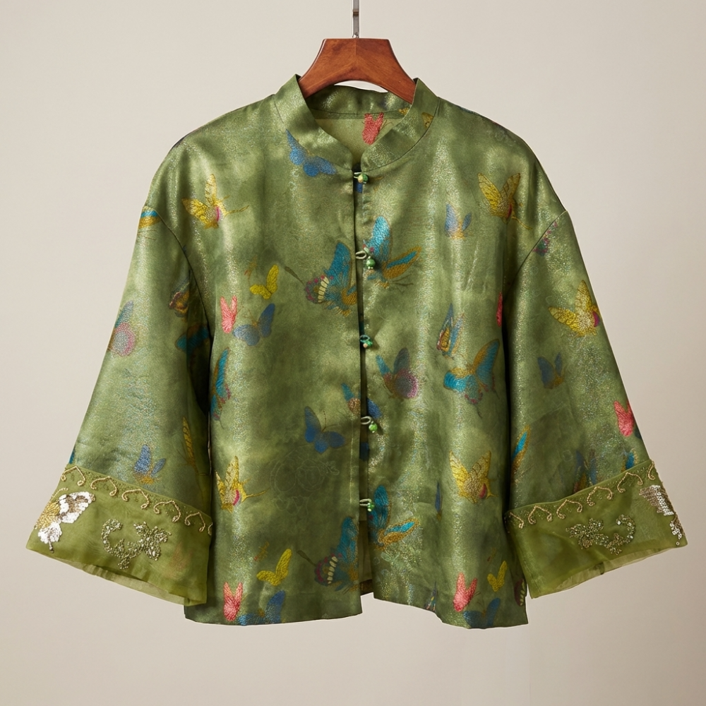 Green jacket with butterfly patterns 