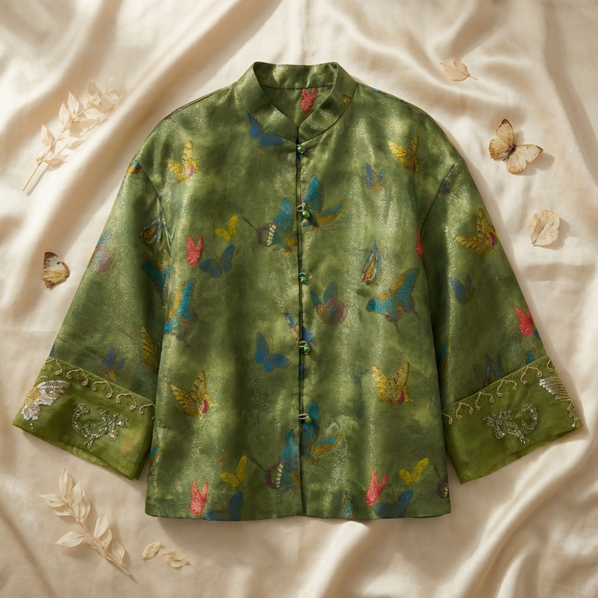 Green embroidered jacket with butterfly patterns on a beige fabric background