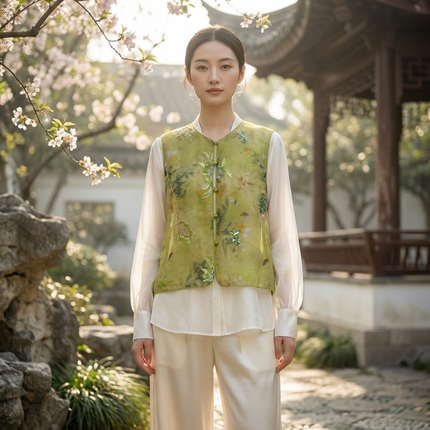 Woman wearing a green floral vest over a white shirt in a traditional garden setting