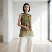 Model in Green Embroidered  Blouse Organza Sleeveless with Floral Motif from Luxe Orienta 