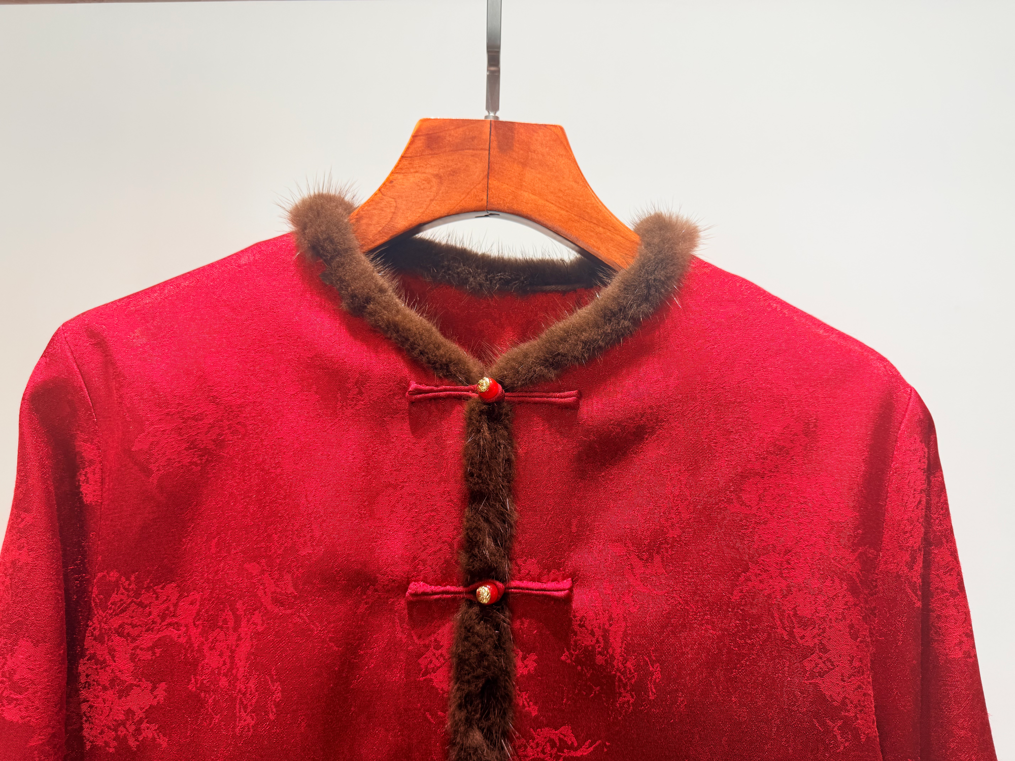Red TENCEL™ Wool Coat with Imported Mink Fur | Modern Oriental Luxury