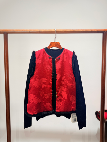 Red Silk Down Vest & Black Knit Inner Set | Modern Oriental Winter Elegance