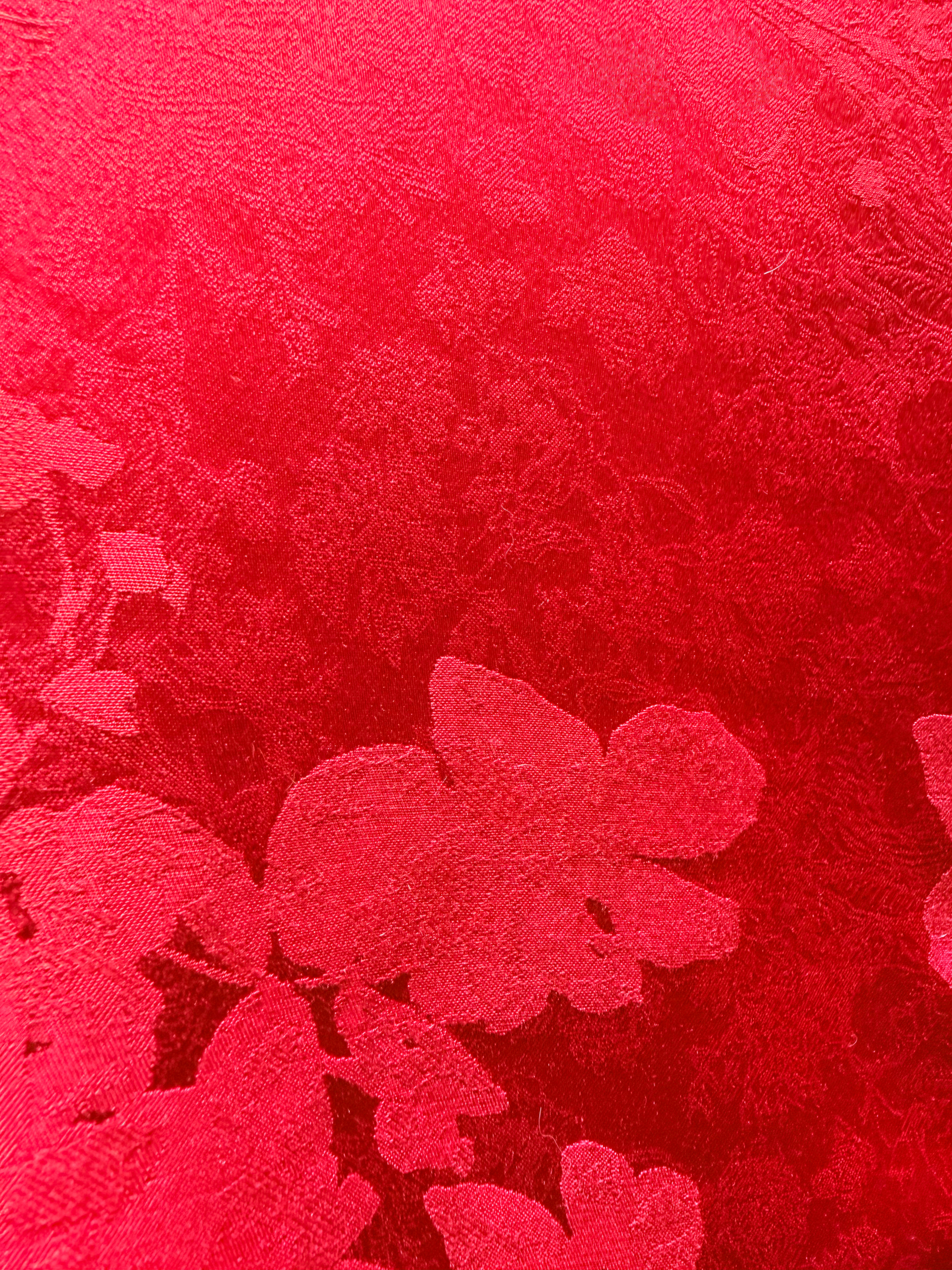 Close-up of red floral fabric texture