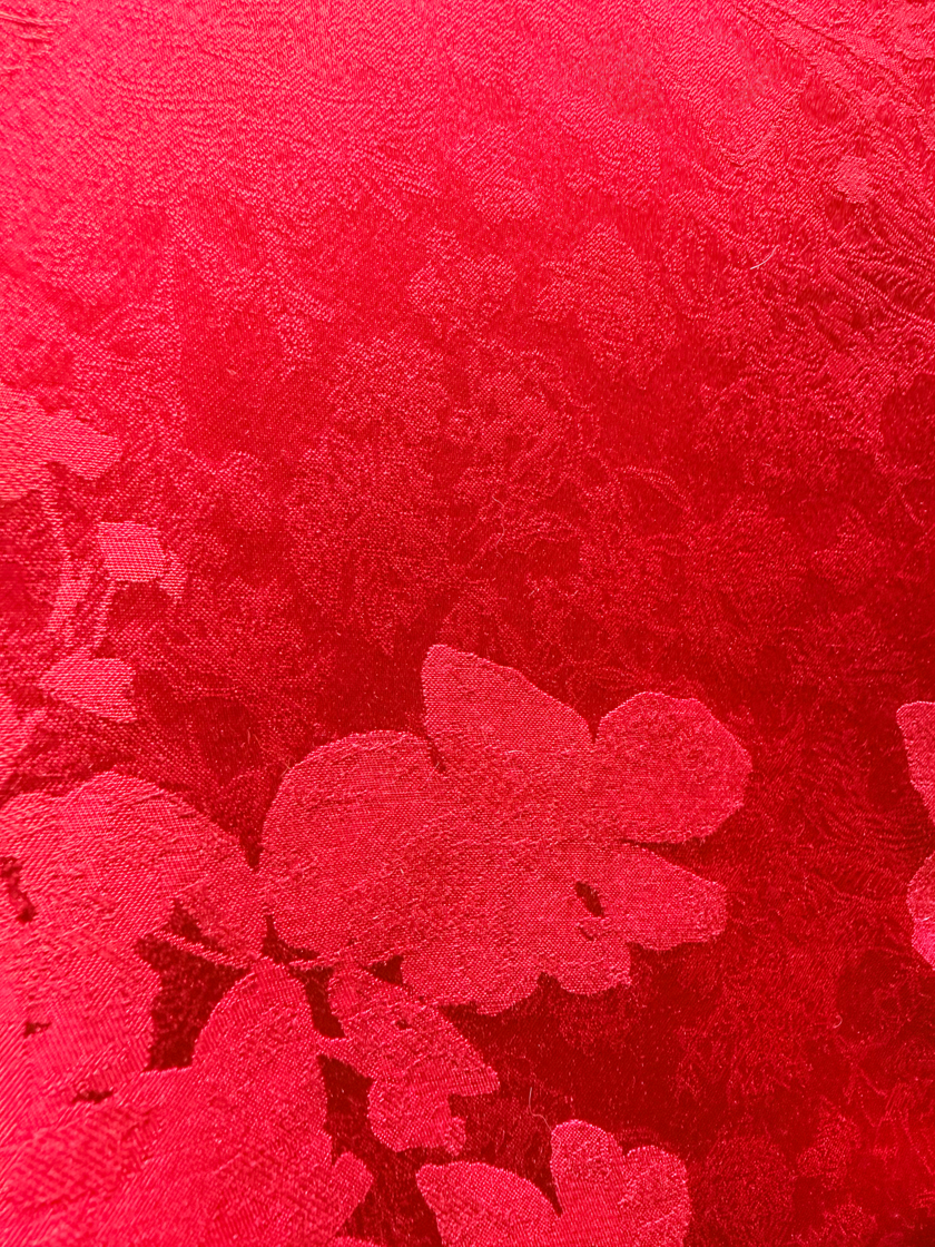 Close-up of red floral fabric texture