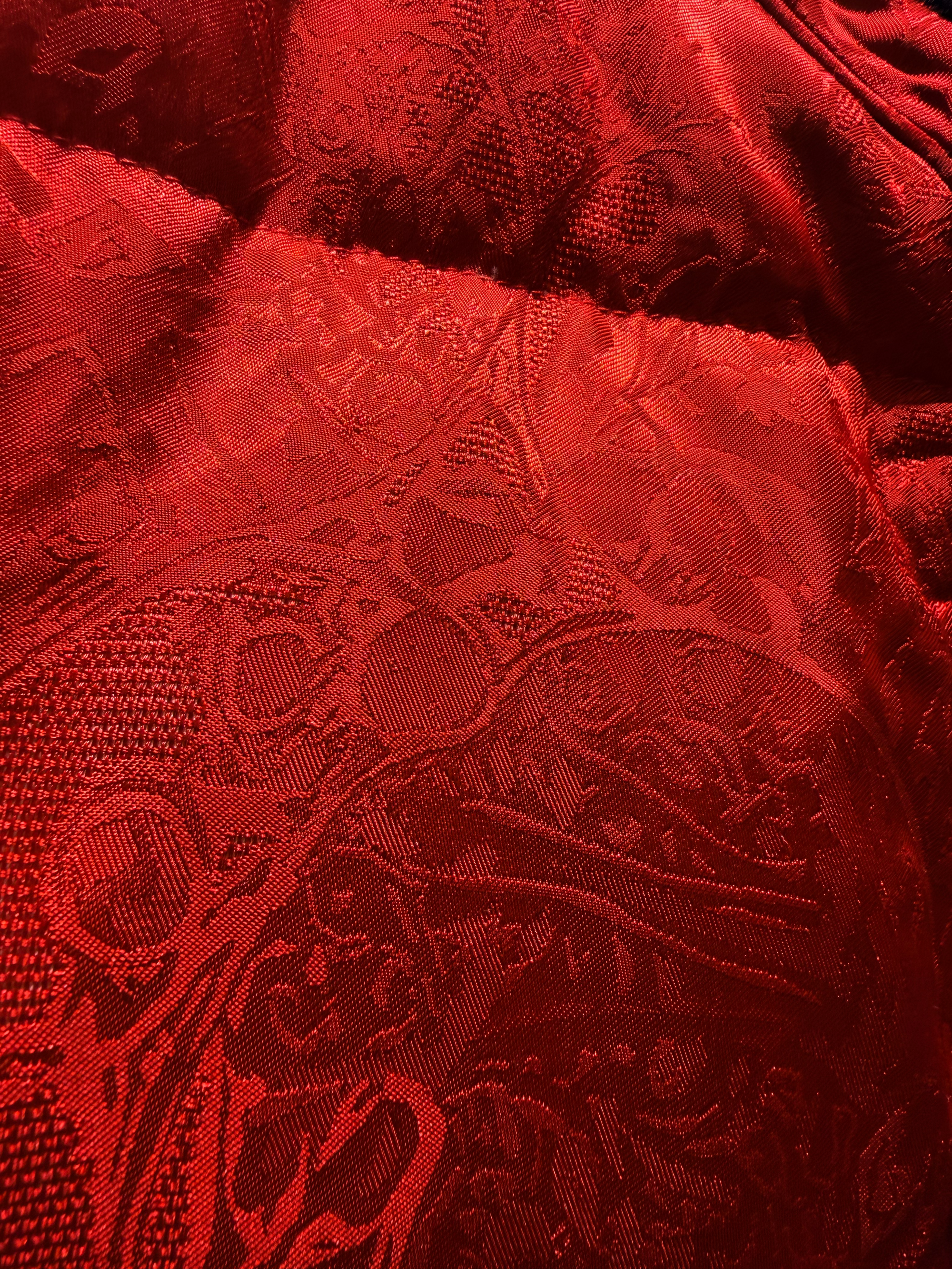 Close-up of red lace fabric with intricate patterns