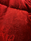 Close-up of red lace fabric with intricate patterns