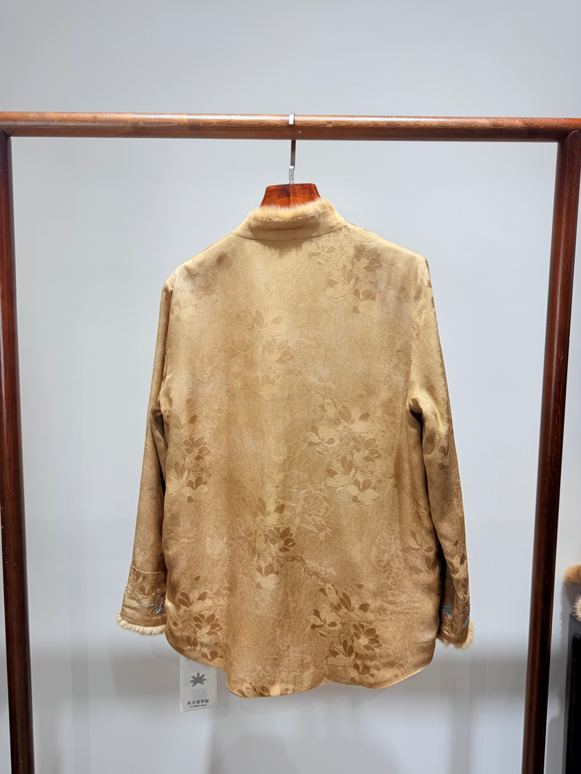 Golden Acetate Embroidered Mink-Trim Vest & Inner Set | Modern Oriental Luxury