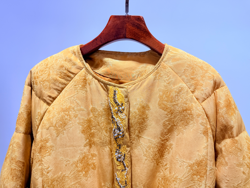 Golden Viscose Blend Goose Down Coat | Modern Oriental Warmth