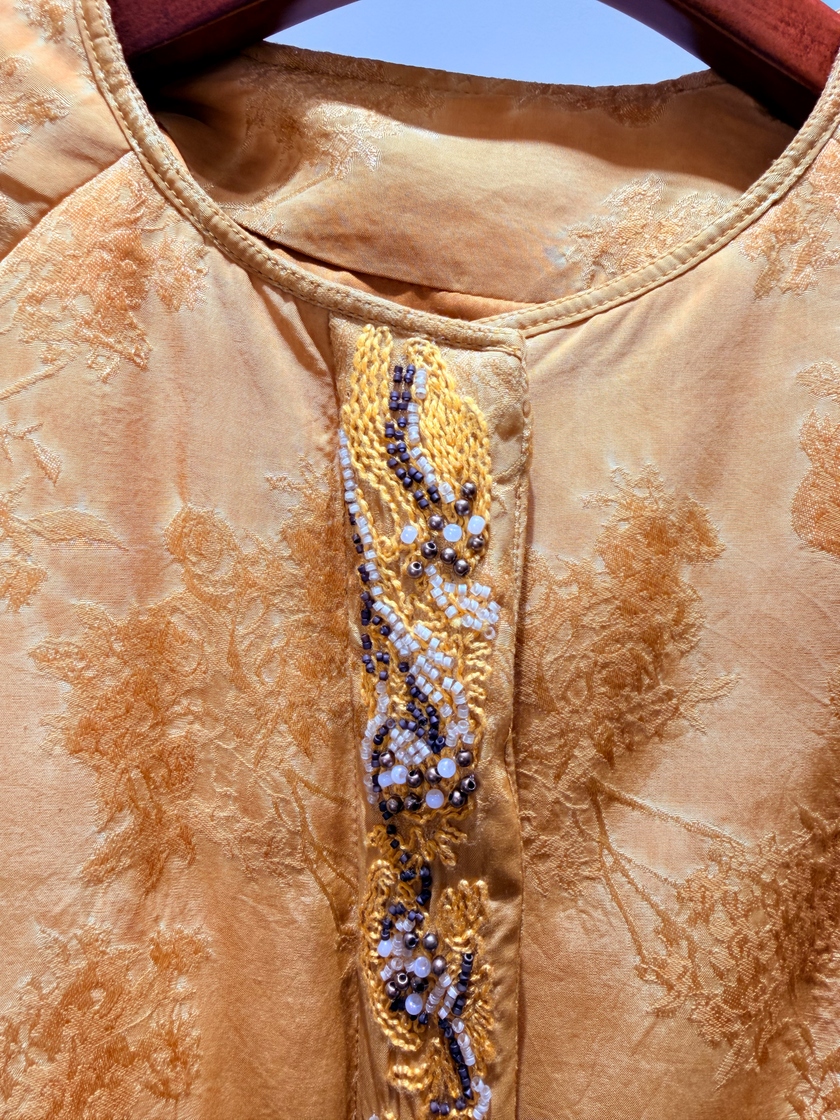 Golden Viscose Blend Goose Down Coat | Modern Oriental Warmth