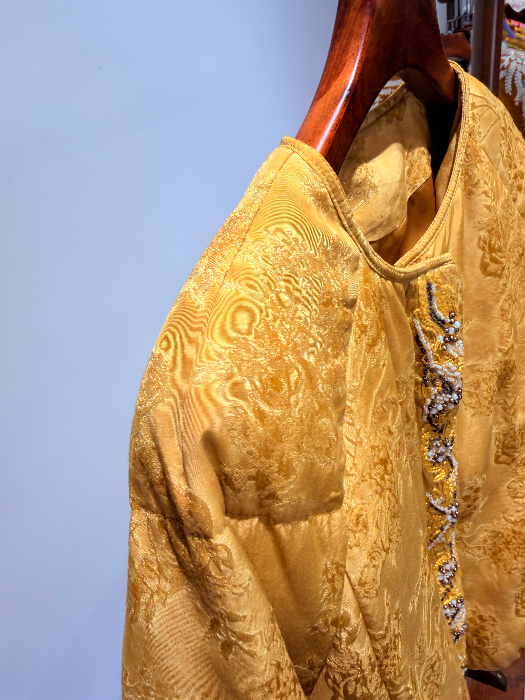 Golden Viscose Blend Goose Down Coat | Modern Oriental Warmth