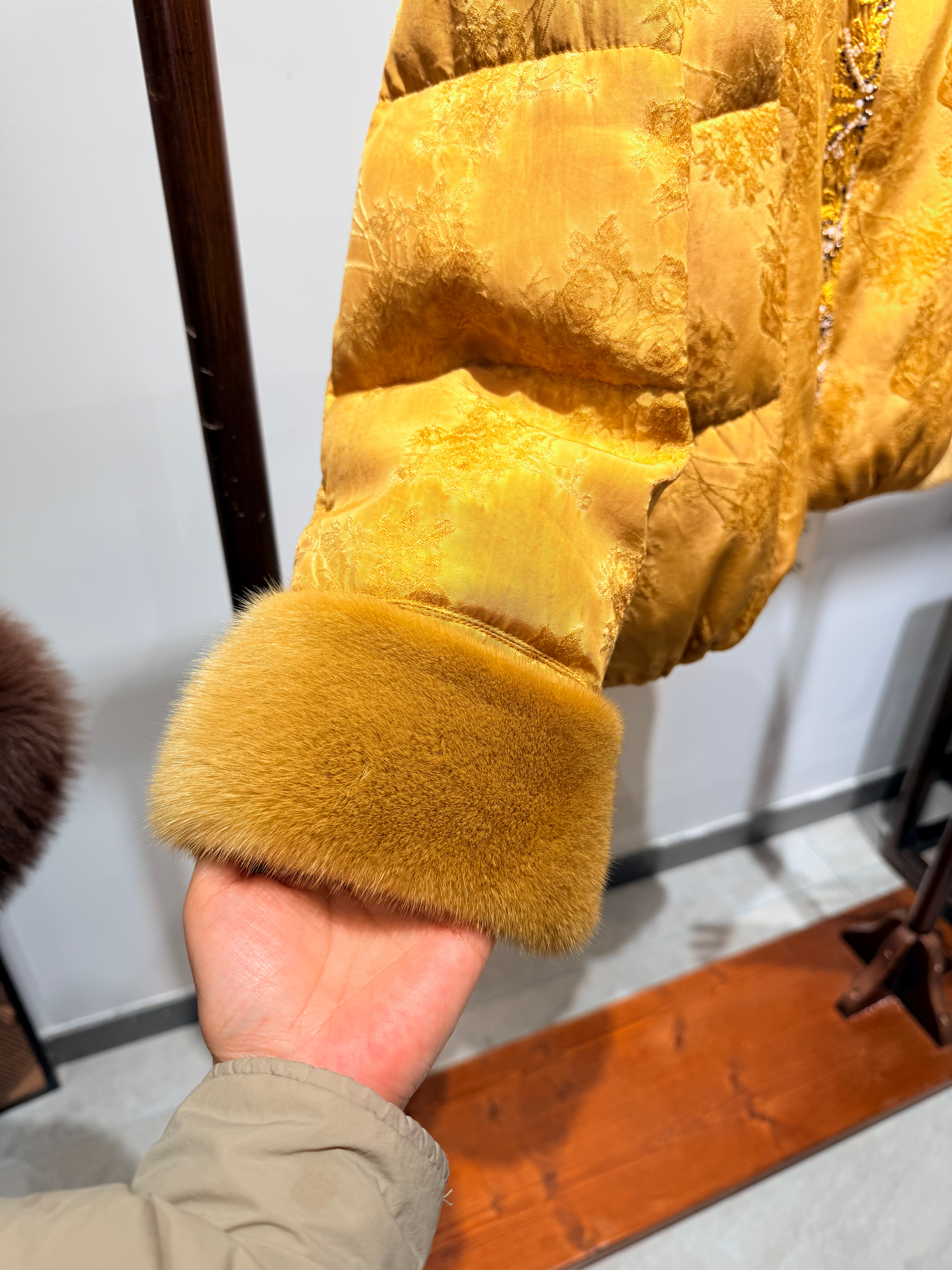 Golden Viscose Blend Goose Down Coat | Modern Oriental Warmth