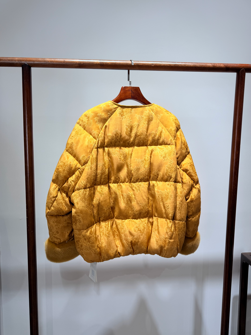 Golden Viscose Blend Goose Down Coat | Modern Oriental Warmth
