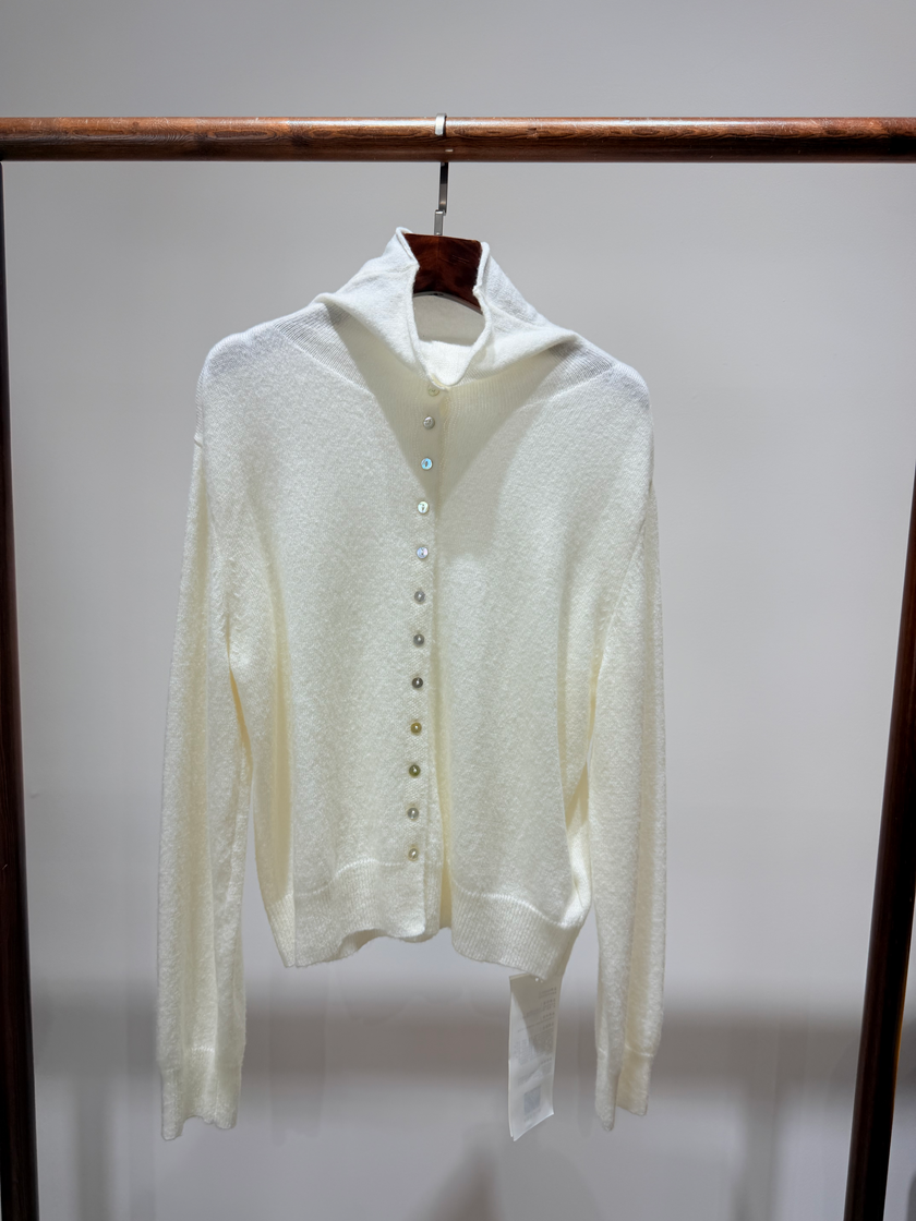 Golden Viscose-Wool Coat with Gourd Motif & White Wool Knit Set | Modern Oriental Elegance