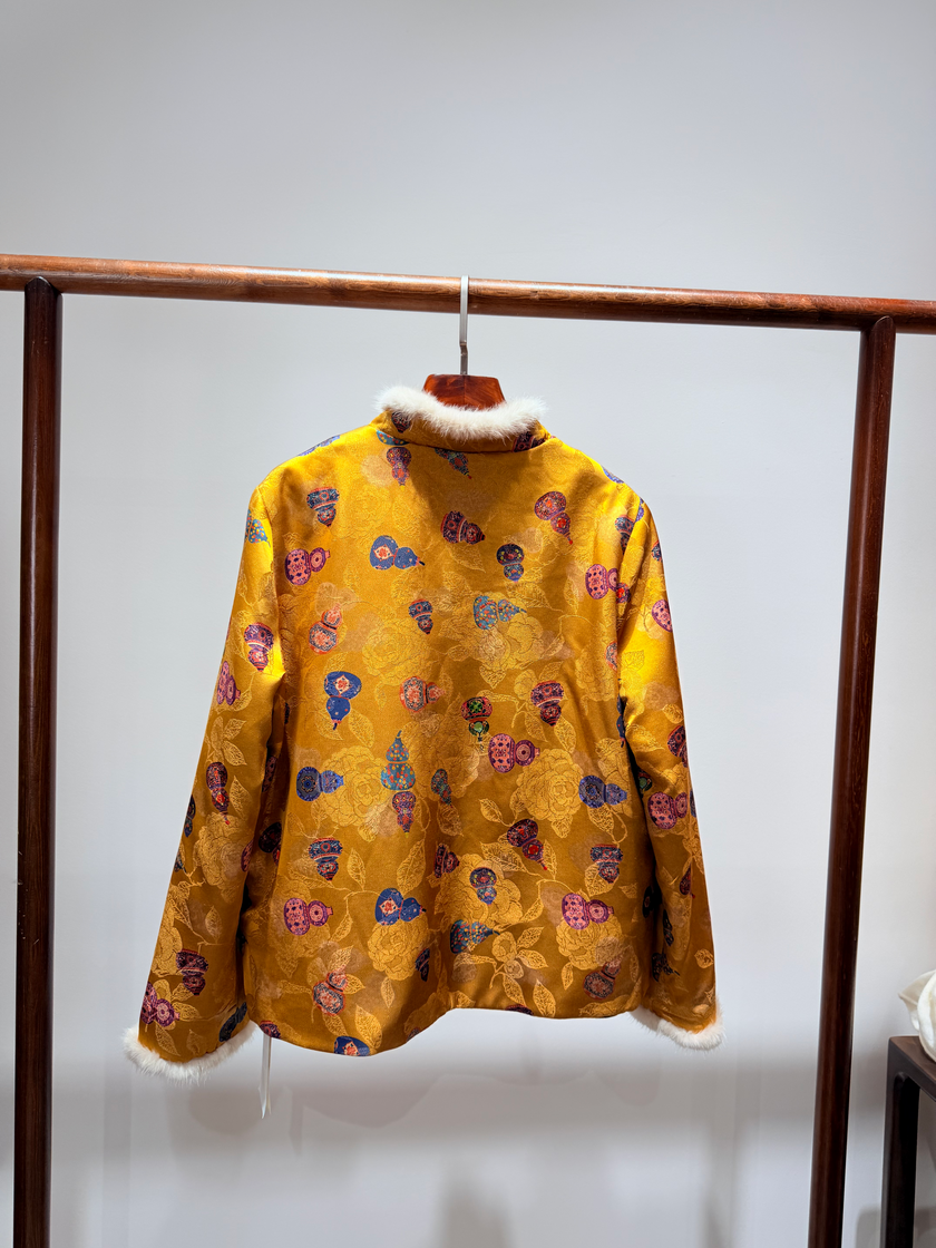 Golden Viscose-Wool Coat with Gourd Motif & White Wool Knit Set | Modern Oriental Elegance