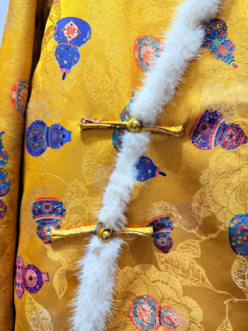 Golden Viscose-Wool Coat with Gourd Motif & White Wool Knit Set | Modern Oriental Elegance