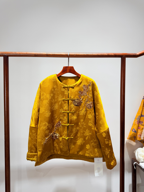 Golden Jacquard Sequin Embroidered Wool Coat | Modern Oriental Glamour - Luxe Orienta CO., LIMITED
