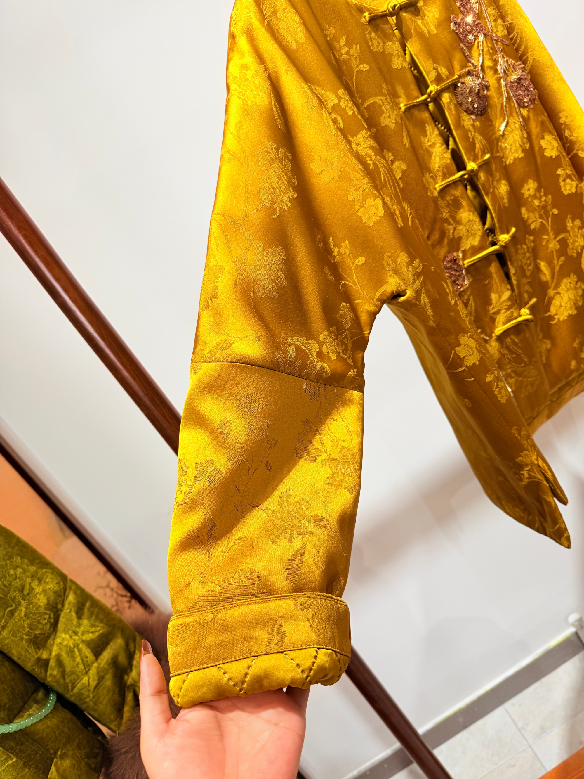 Golden Jacquard Sequin Embroidered Wool Coat | Modern Oriental Glamour