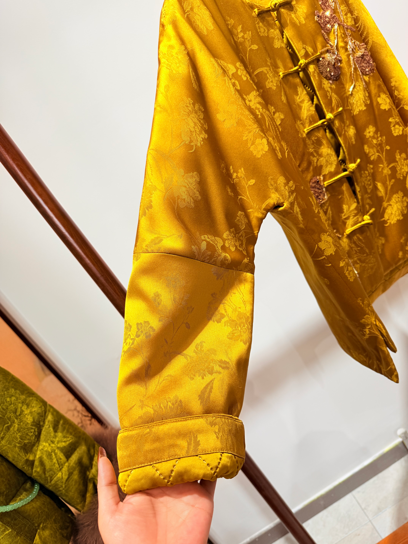 Golden Jacquard Sequin Embroidered Wool Coat | Modern Oriental Glamour