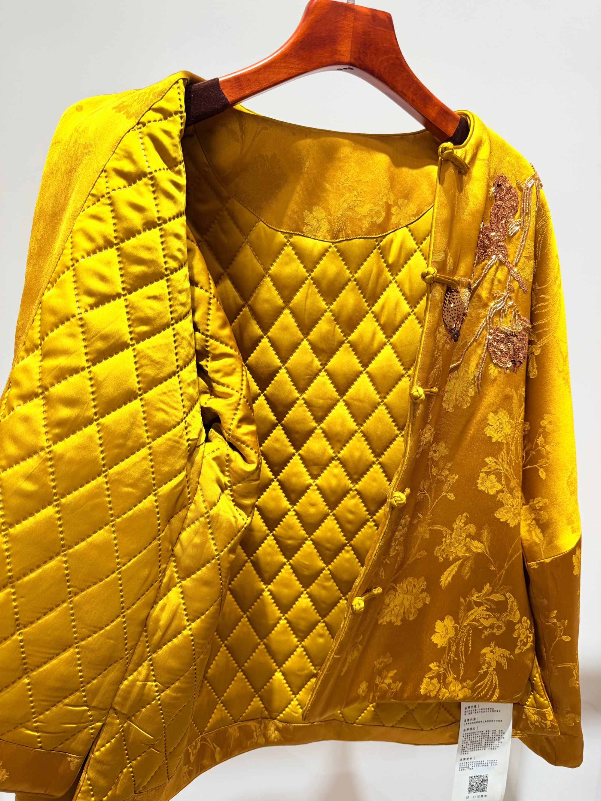 Golden Jacquard Sequin Embroidered Wool Coat | Modern Oriental Glamour