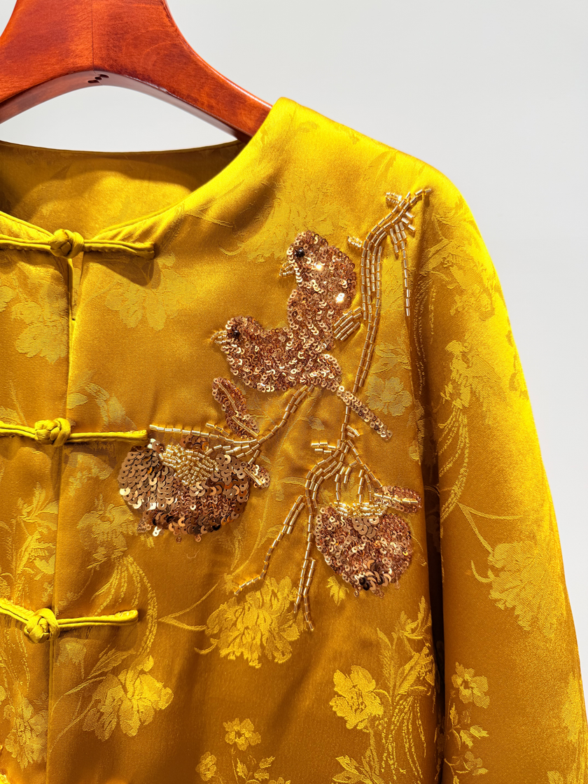 Golden Jacquard Sequin Embroidered Wool Coat | Modern Oriental Glamour