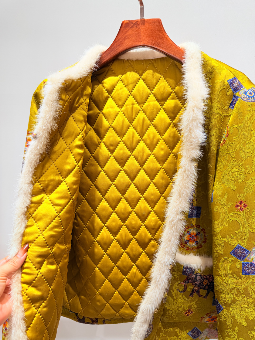 Golden Xiangyunsha Viscose Wool Coat | Timeless Modern Oriental Elegance