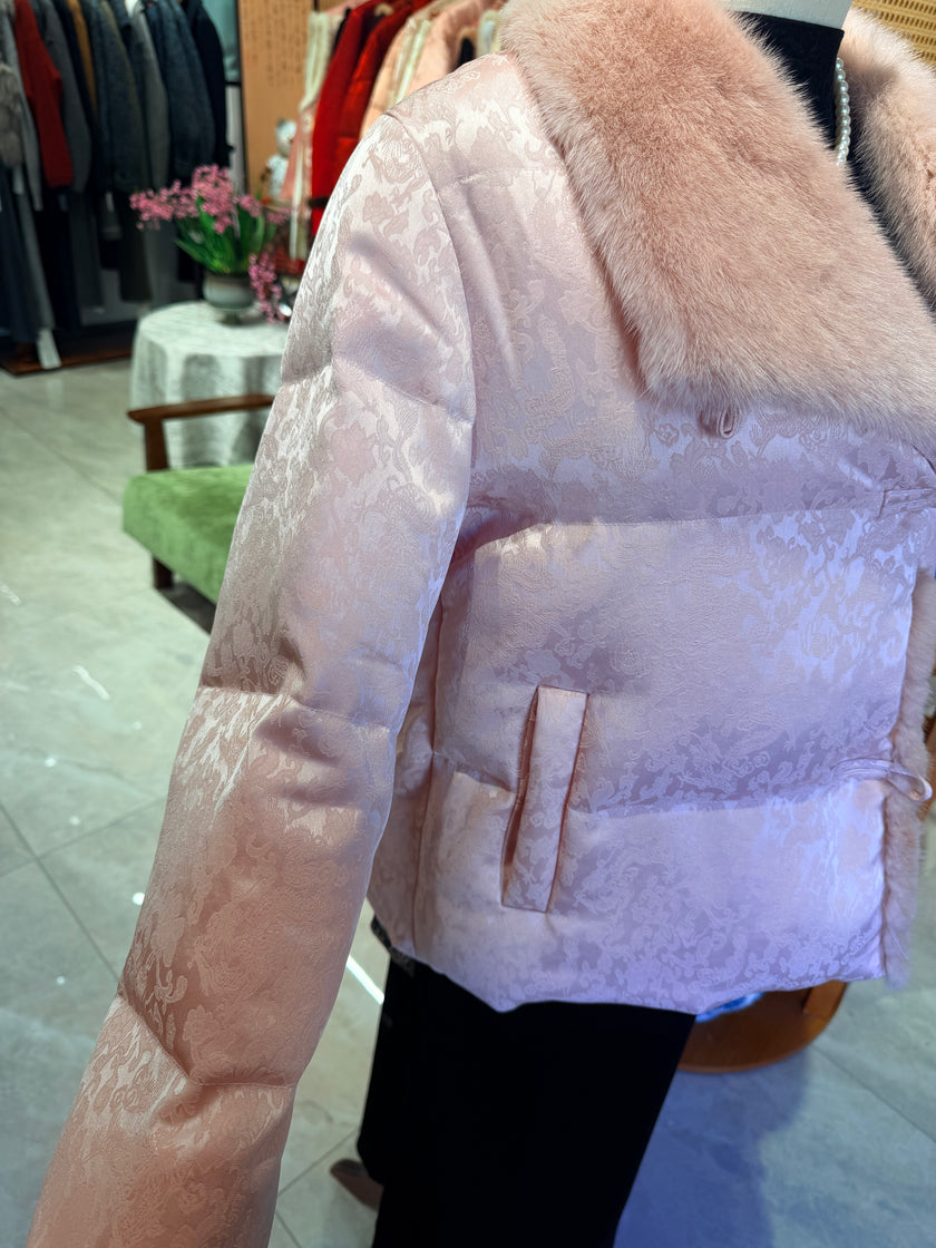 Pink Mink-Trimmed White Goose Down Coat | Ultimate Winter Luxury