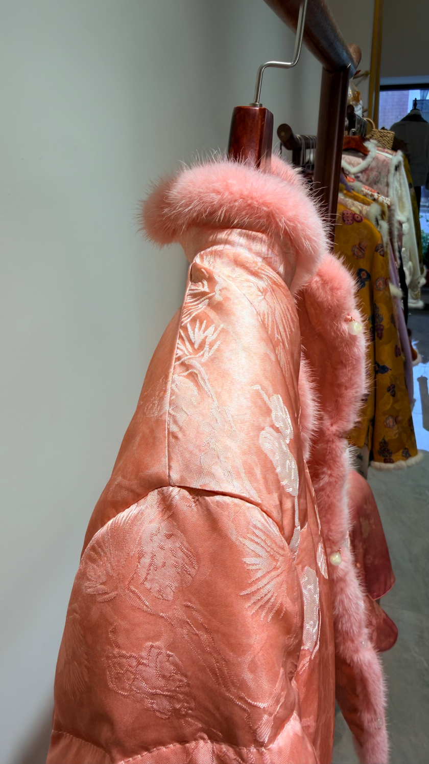 Pink Embroidered 100% Viscose Down Jacket | Modern Oriental Elegance