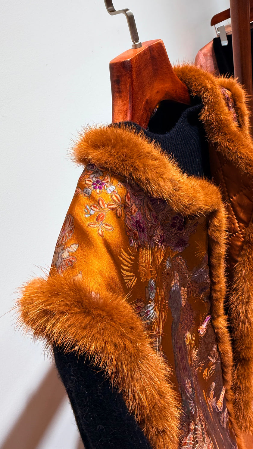 Brown 100% Rayon Xiangyunsha Silk Vest with Imported Mink Fur | Timeless Oriental Elegance