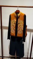 Brown 100% Rayon Crackle Embroidered Vest + Black Mulberry Silk Base Top Set | Textured Elegance