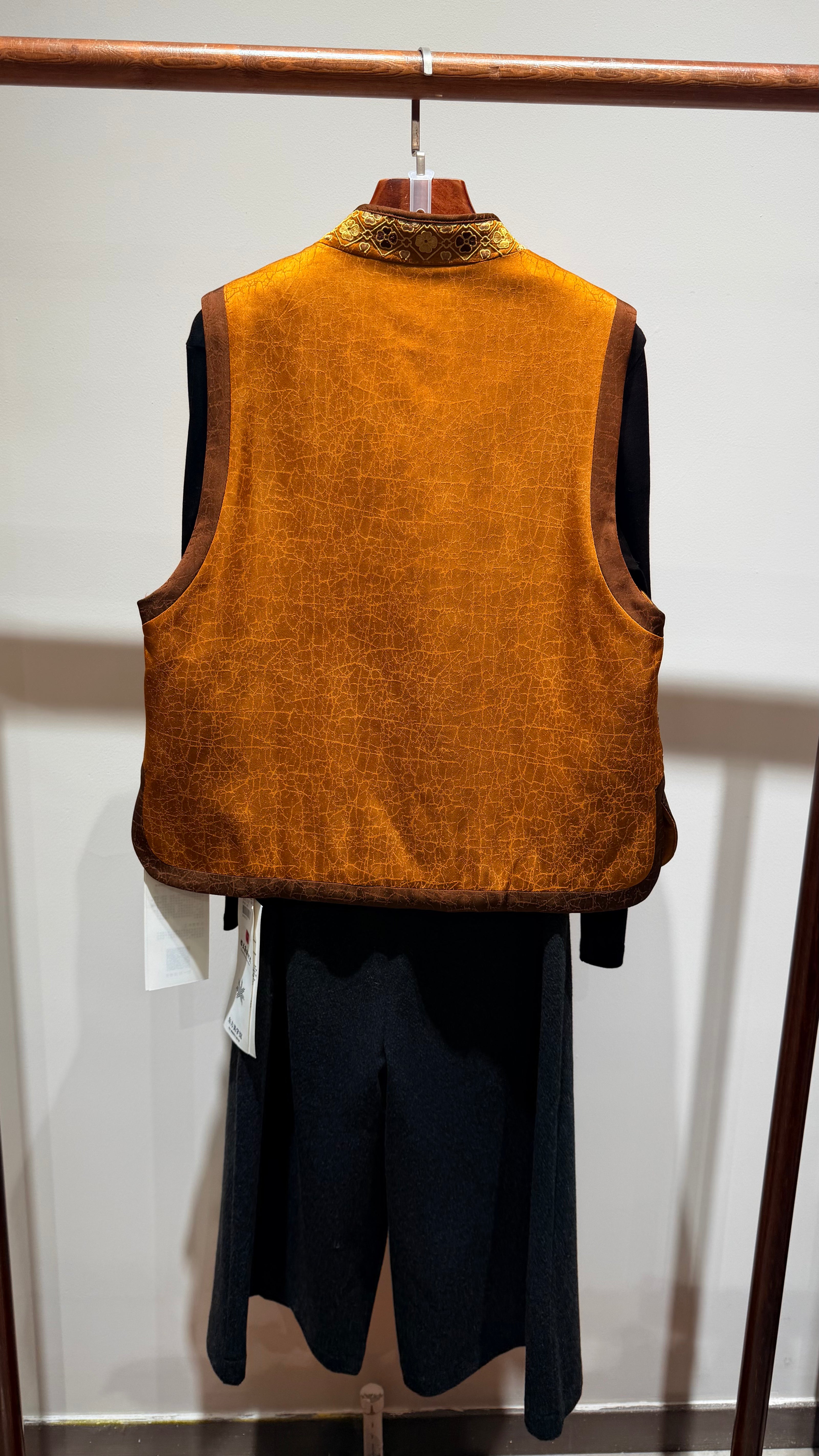 Brown 100% Rayon Crackle Embroidered Vest + Black Mulberry Silk Base Top Set | Textured Elegance