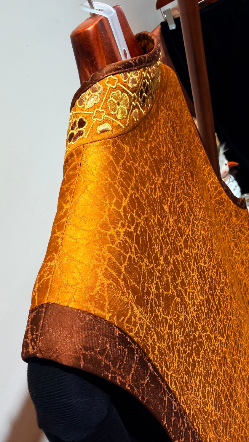 Brown 100% Rayon Crackle Embroidered Vest + Black Mulberry Silk Base Top Set | Textured Elegance