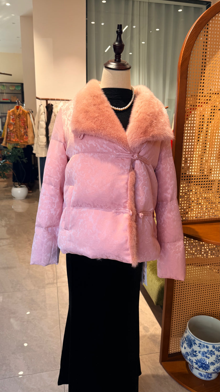 Pink Mink-Trimmed White Goose Down Coat | Ultimate Winter Luxury