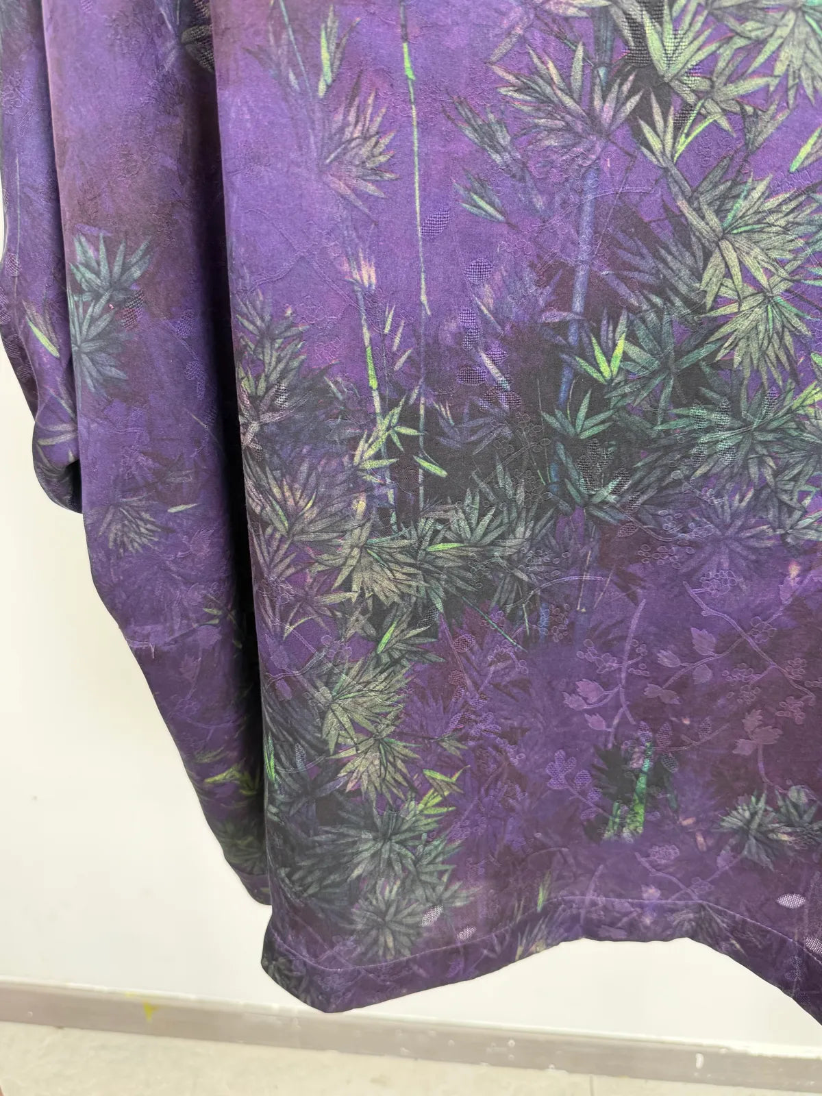 Purple Mulberry Silk Xiangyunsha Bamboo Printed & Peony Beaded Cheongsam Blouse - Luxe Orienta CO., LIMITED