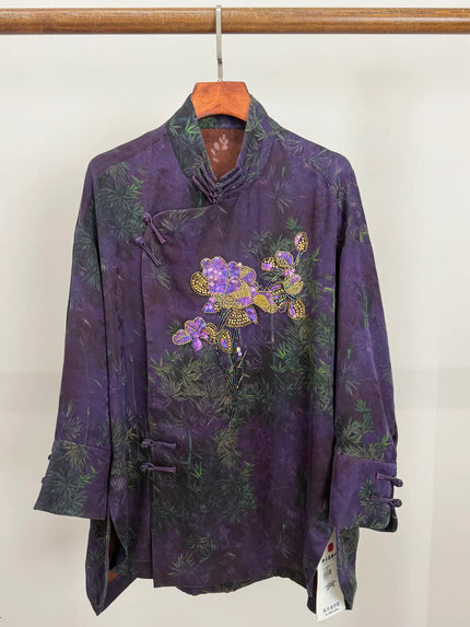 Purple Mulberry Silk Xiangyunsha Bamboo Printed & Peony Beaded Cheongsam Blouse - Luxe Orienta CO., LIMITED