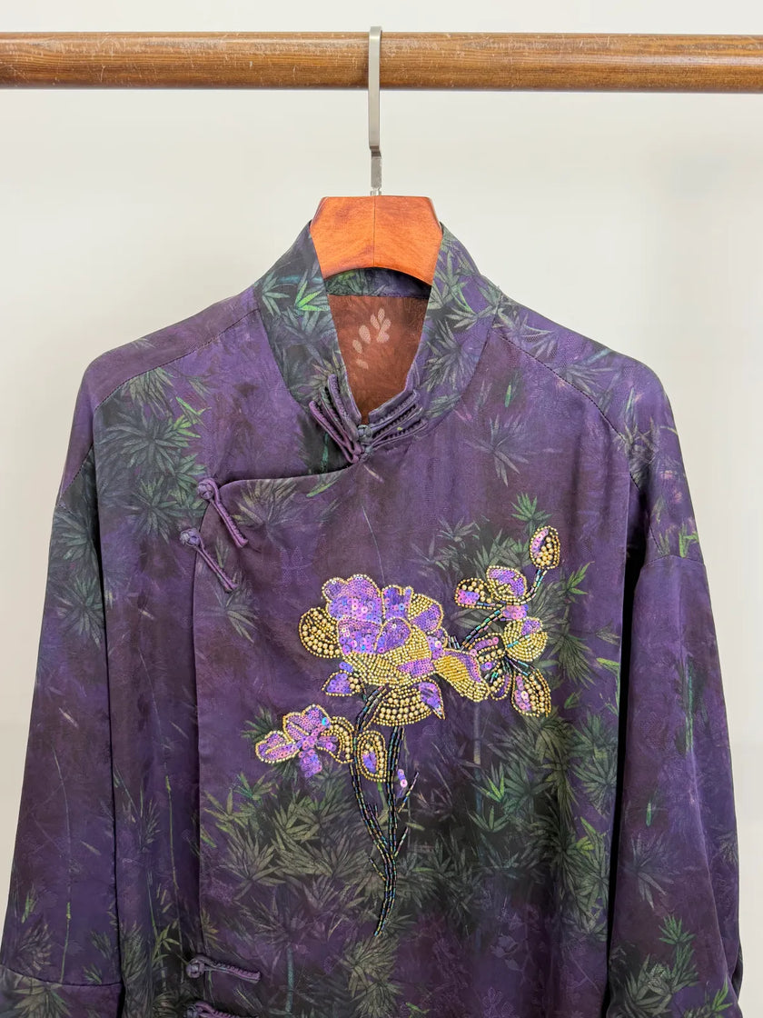Purple Mulberry Silk Xiangyunsha Bamboo Printed & Peony Beaded Cheongsam Blouse - Luxe Orienta CO., LIMITED