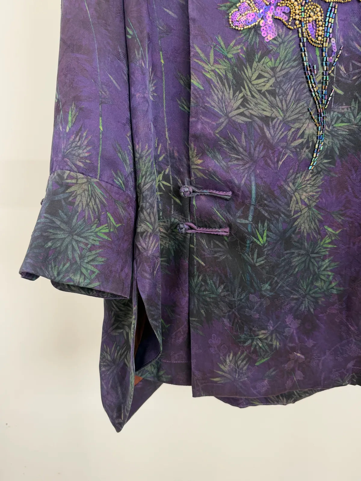 Purple Mulberry Silk Xiangyunsha Bamboo Printed & Peony Beaded Cheongsam Blouse - Luxe Orienta CO., LIMITED