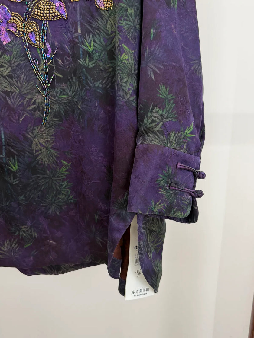 Purple Mulberry Silk Xiangyunsha Bamboo Printed & Peony Beaded Cheongsam Blouse - Luxe Orienta CO., LIMITED
