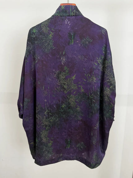 Purple Mulberry Silk Xiangyunsha Bamboo Printed & Peony Beaded Cheongsam Blouse - Luxe Orienta CO., LIMITED