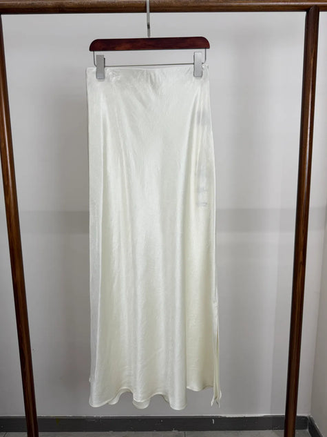 Elegant Satin Midi Slip Skirt A-Line with Side Slit Two Colors