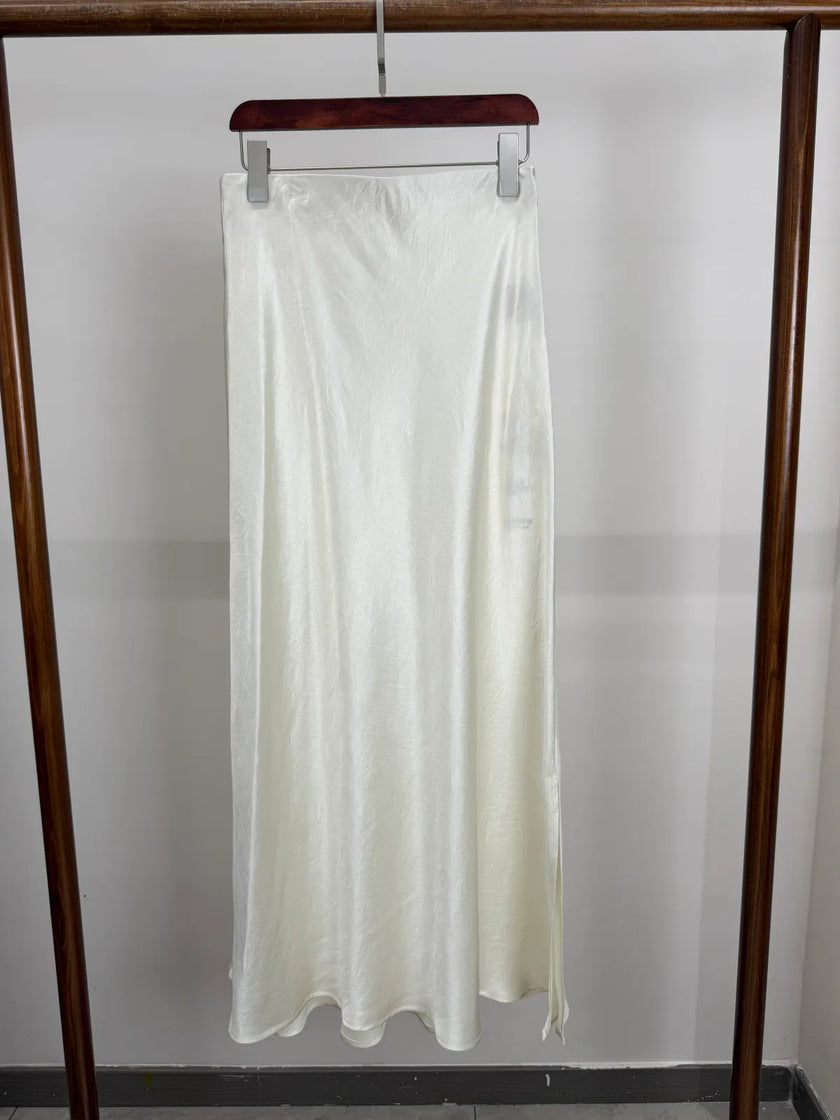 Elegant Satin Midi Slip Skirt A-Line with Side Slit Two Colors