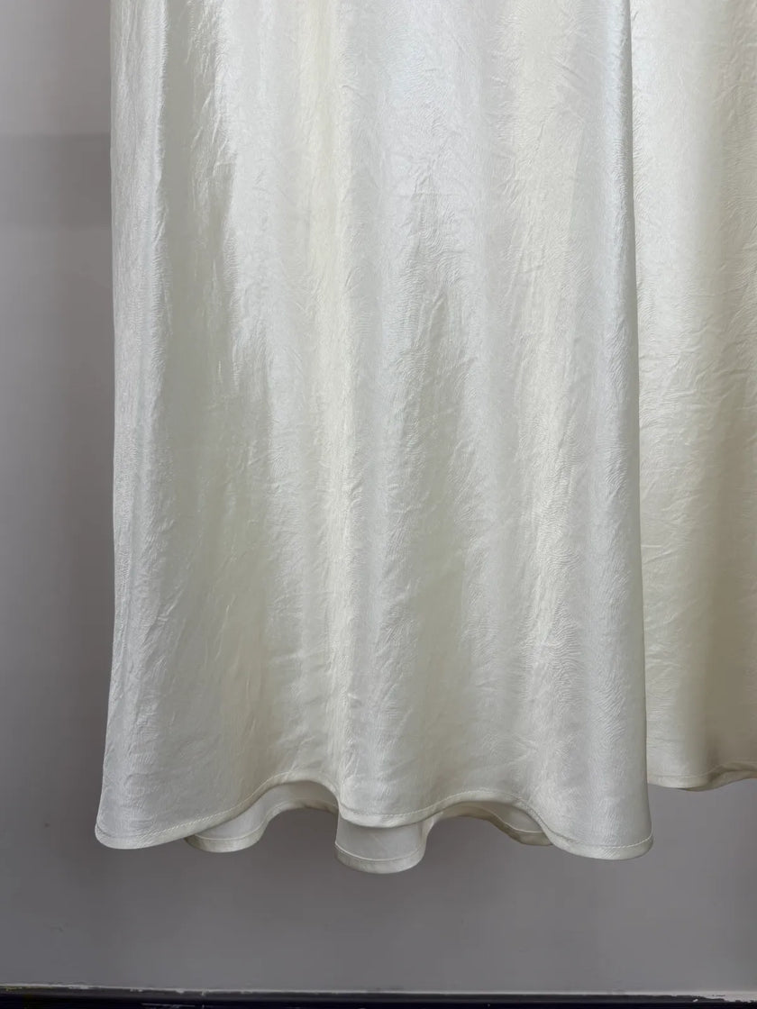 Elegant Satin Midi Slip Skirt A-Line with Side Slit Two Colors