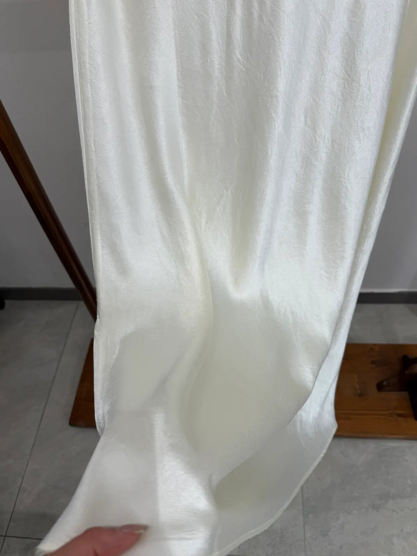 Elegant Satin Midi Slip Skirt A-Line with Side Slit Two Colors