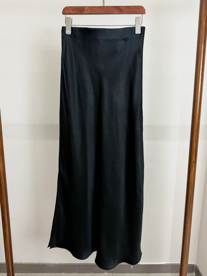 Elegant Satin Midi Slip Skirt A-Line with Side Slit Two Colors