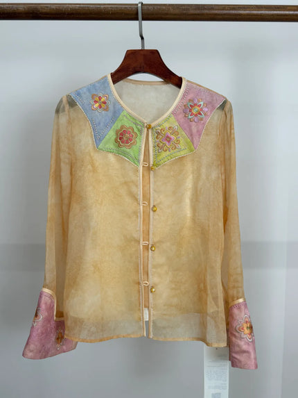 Beige Soft Floral Embroidery Mulberry Silk Shirt — LUXE ORIENTA Luxury Clothing For Women - Luxe Orienta CO., LIMITED