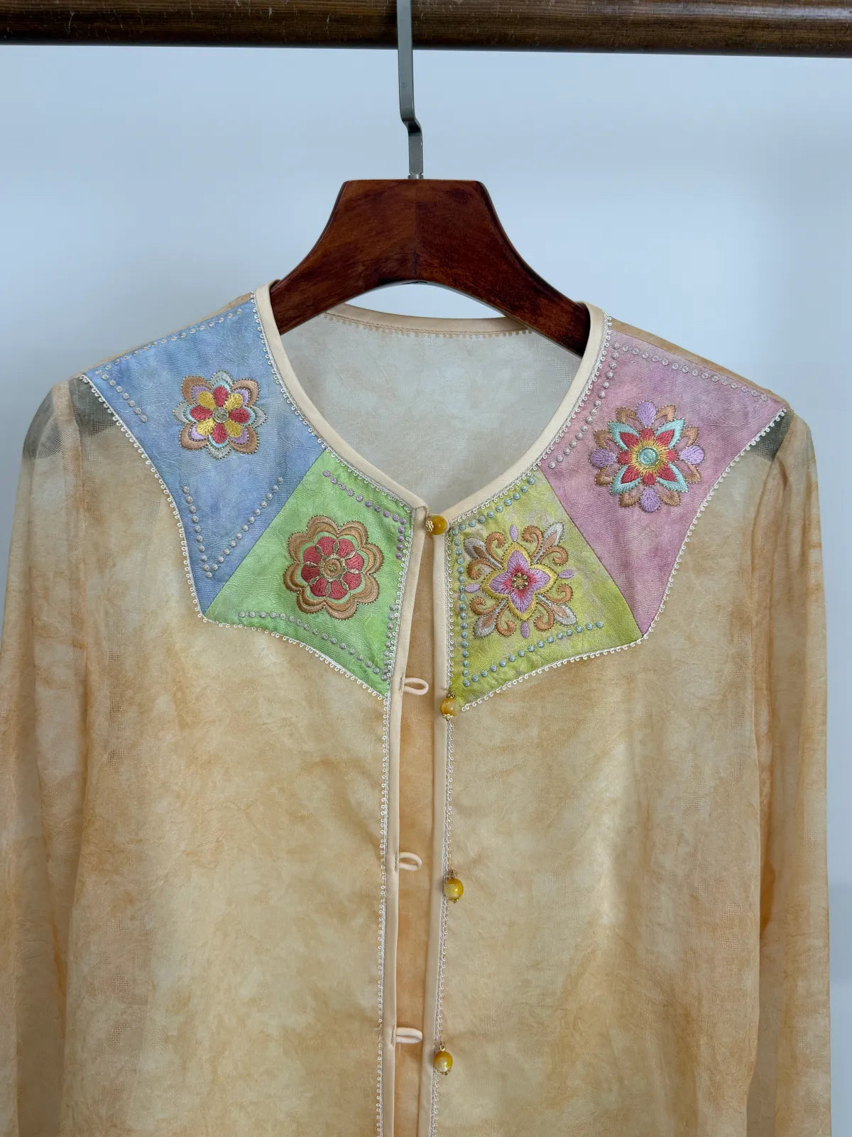Beige Soft Floral Embroidery Mulberry Silk Shirt — LUXE ORIENTA Luxury Clothing For Women - Luxe Orienta CO., LIMITED
